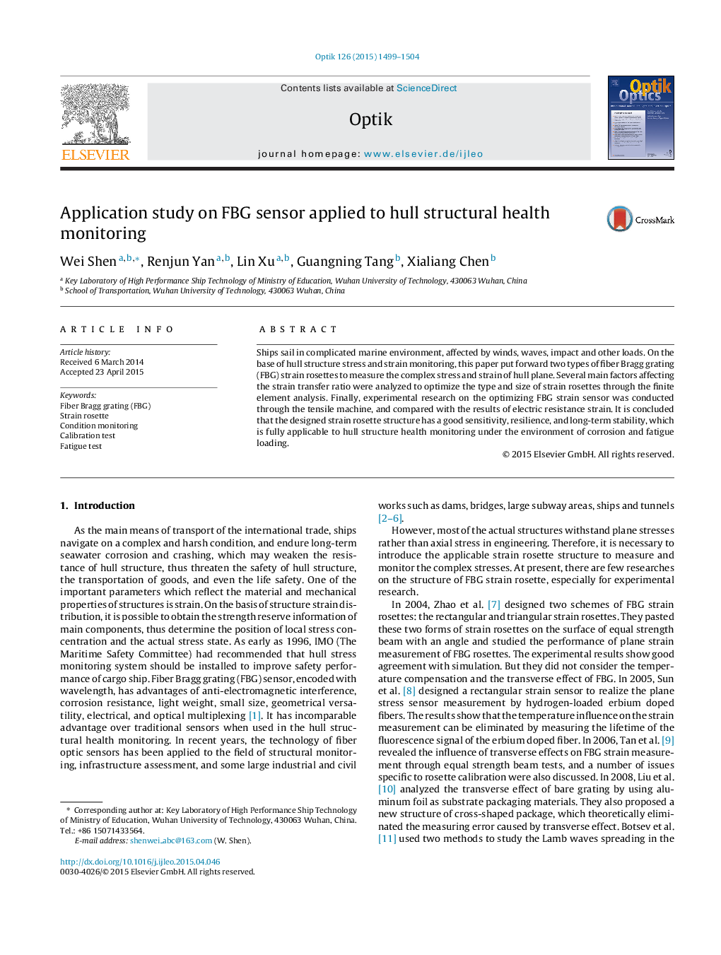 Application study on FBG sensor applied to hull structural health monitoring