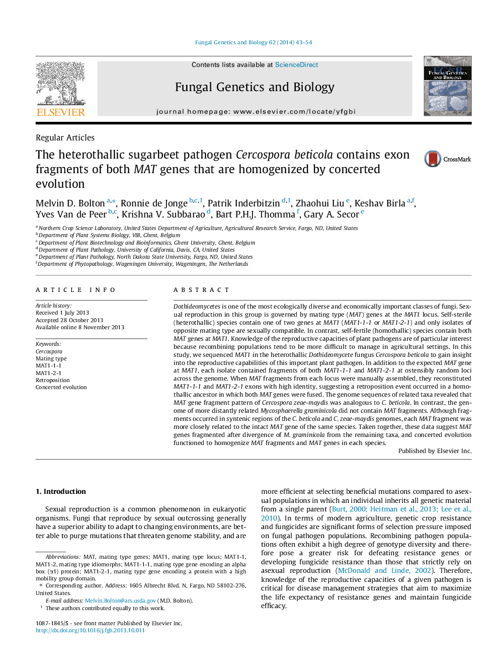 The heterothallic sugarbeet pathogen Cercospora beticola contains exon fragments of both MAT genes that are homogenized by concerted evolution