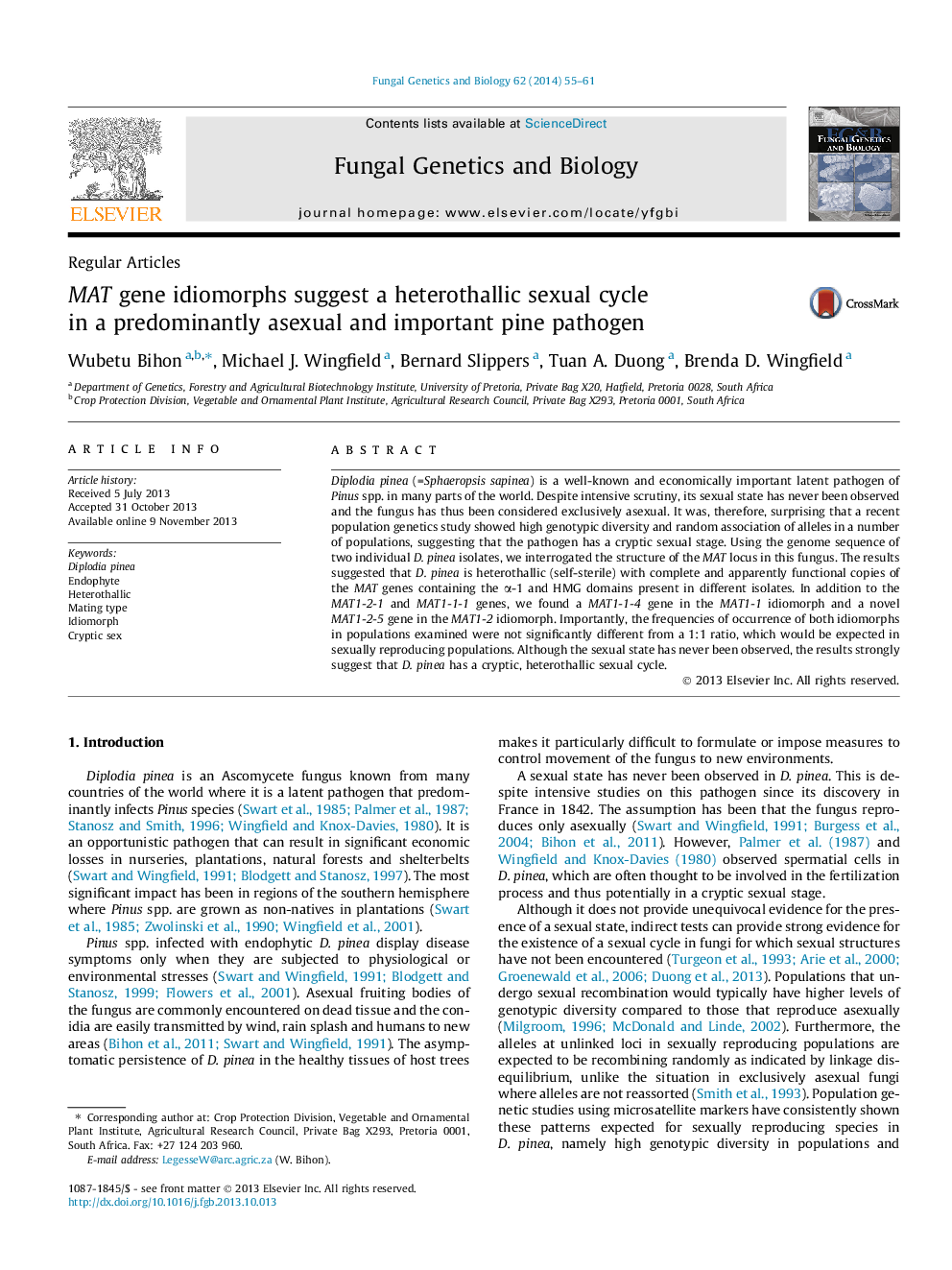 MAT gene idiomorphs suggest a heterothallic sexual cycle in a predominantly asexual and important pine pathogen