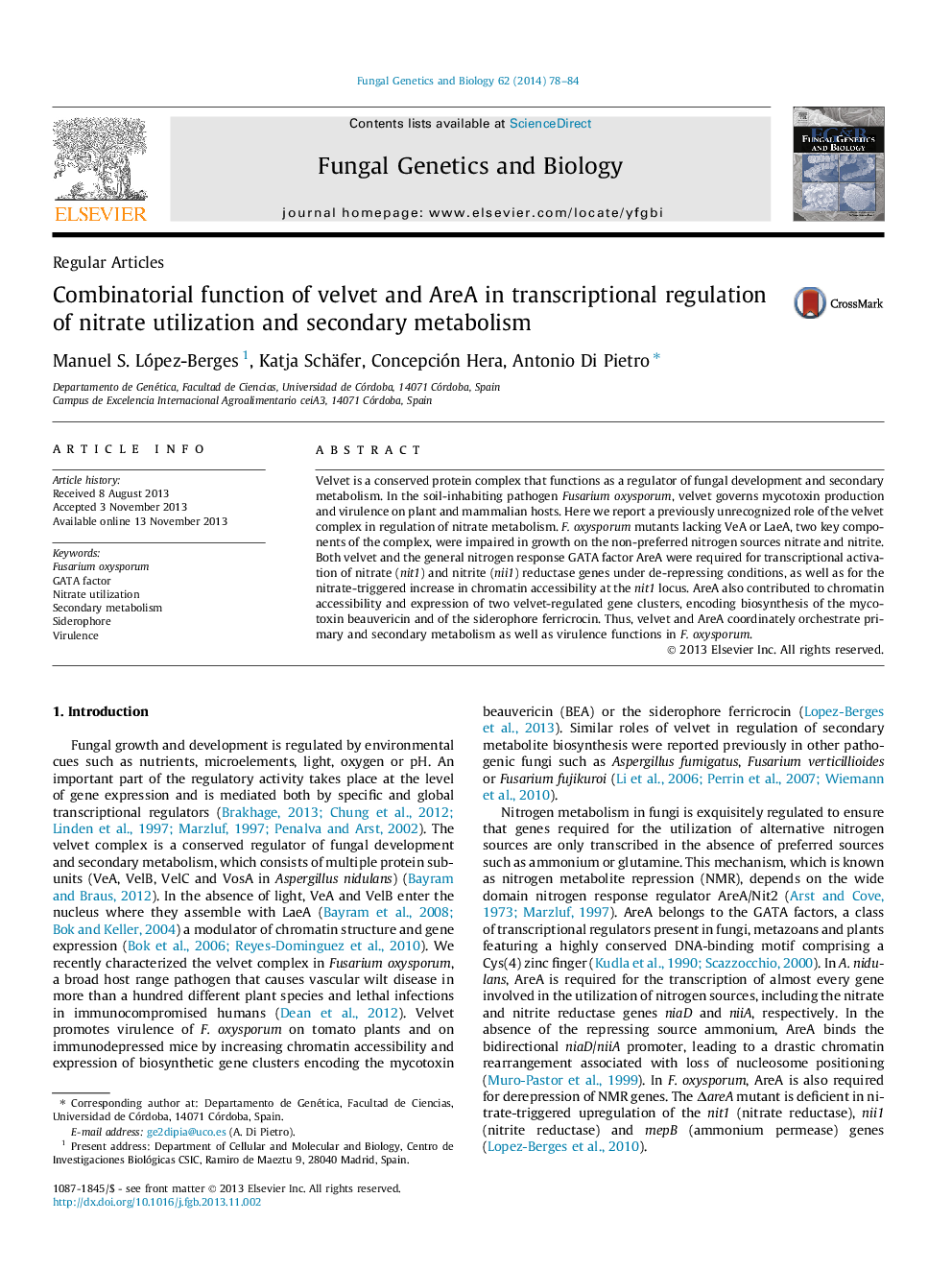 Combinatorial function of velvet and AreA in transcriptional regulation of nitrate utilization and secondary metabolism