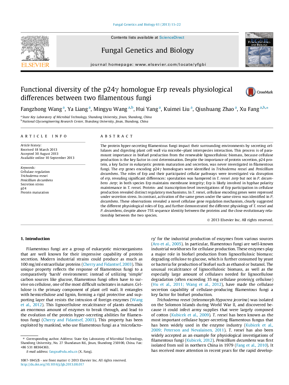 Functional diversity of the p24Î³ homologue Erp reveals physiological differences between two filamentous fungi