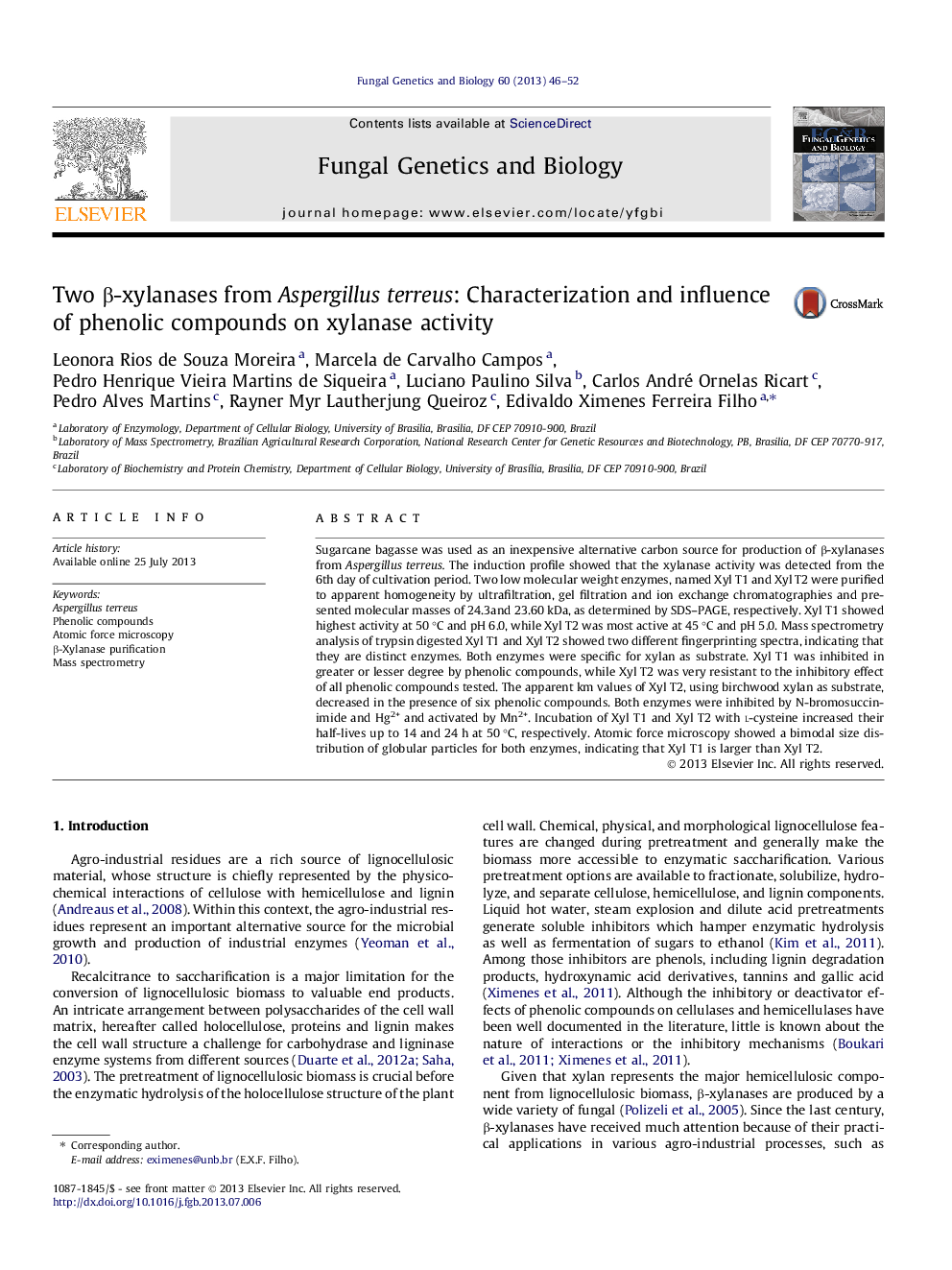 Two Î²-xylanases from Aspergillus terreus: Characterization and influence of phenolic compounds on xylanase activity