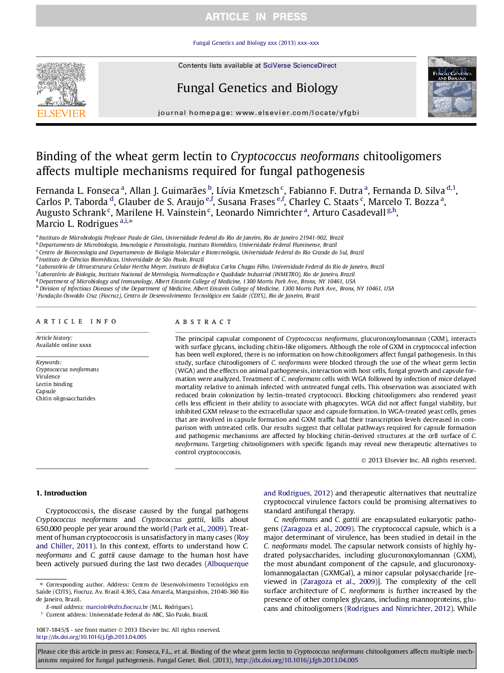 Binding of the wheat germ lectin to Cryptococcus neoformans chitooligomers affects multiple mechanisms required for fungal pathogenesis