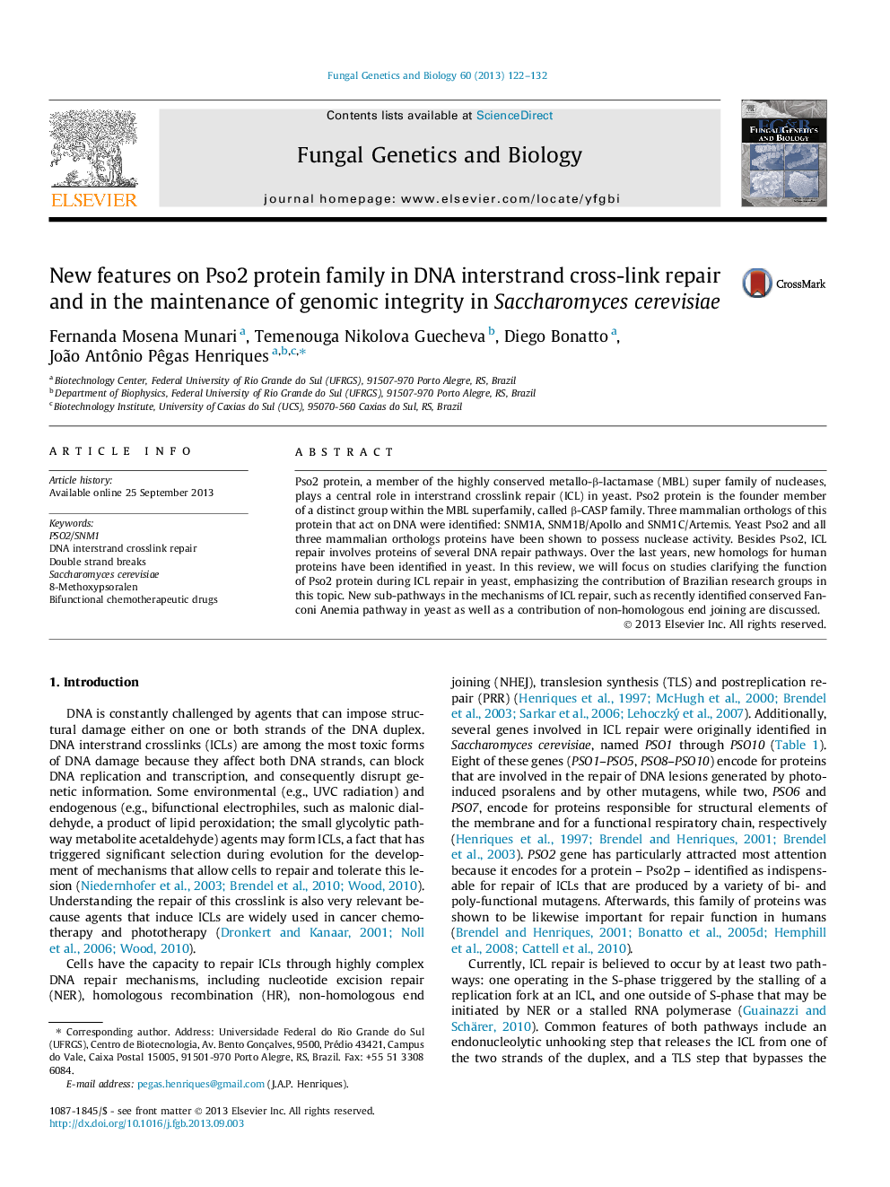 عکس صفحه اول مقاله: New features on Pso2 protein family in DNA interstrand cross-link repair and in the maintenance of genomic integrity in Saccharomyces cerevisiae New features on Pso2 protein family in DNA interstrand cross-link repair and in the maintenance of genomic integrity in Saccharomyces cerevisiae