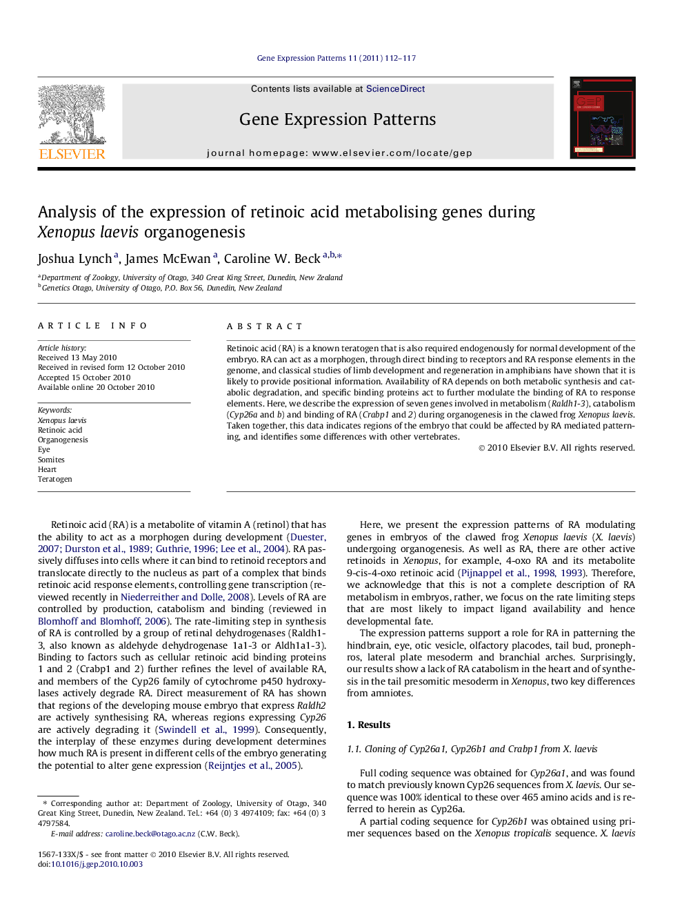 Analysis of the expression of retinoic acid metabolising genes during Xenopus laevis organogenesis