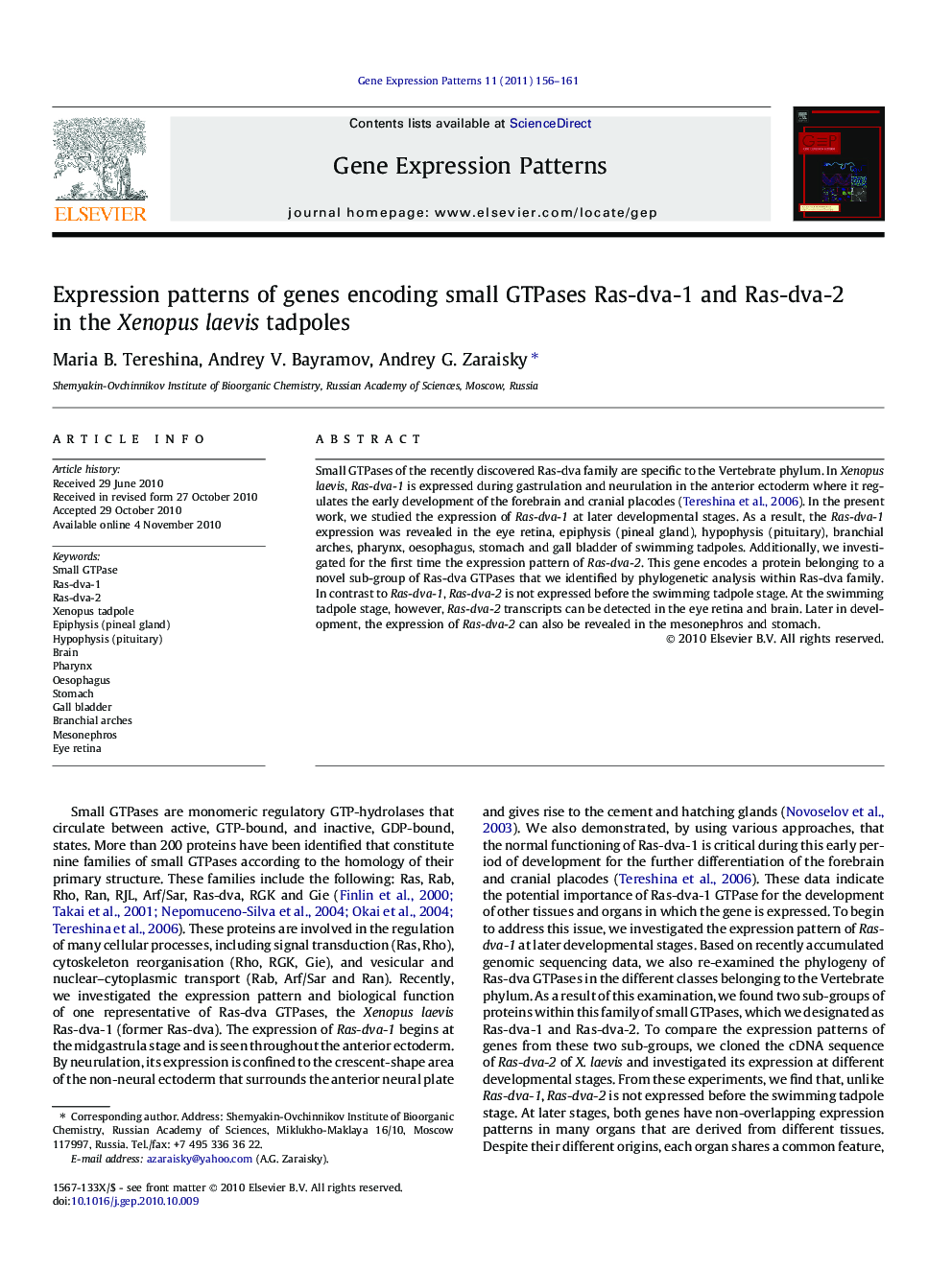 Expression patterns of genes encoding small GTPases Ras-dva-1 and Ras-dva-2 in the Xenopus laevis tadpoles