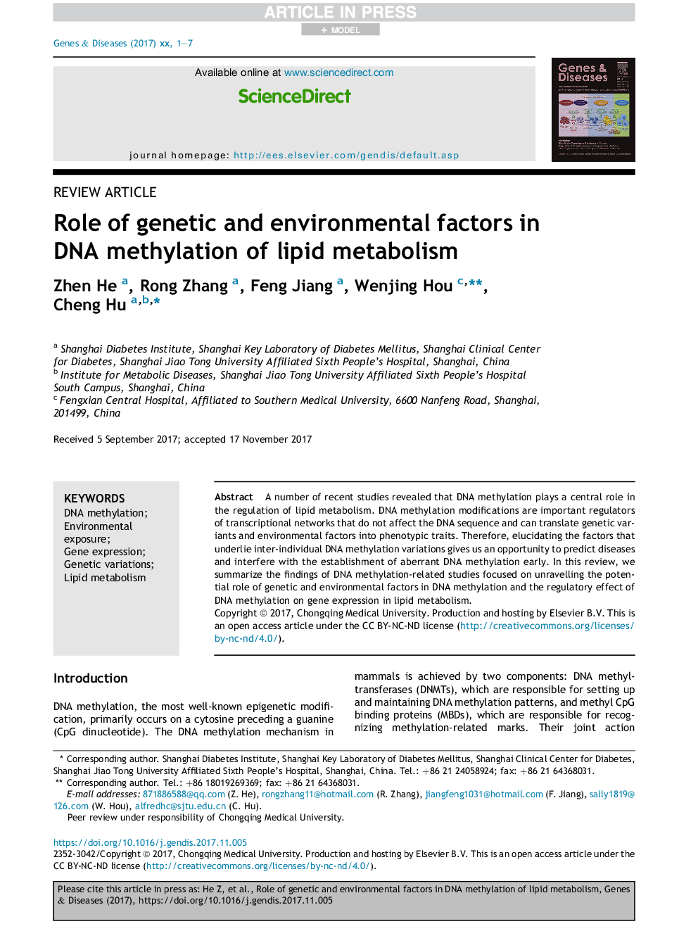 Role of genetic and environmental factors in DNA methylation of lipid metabolism