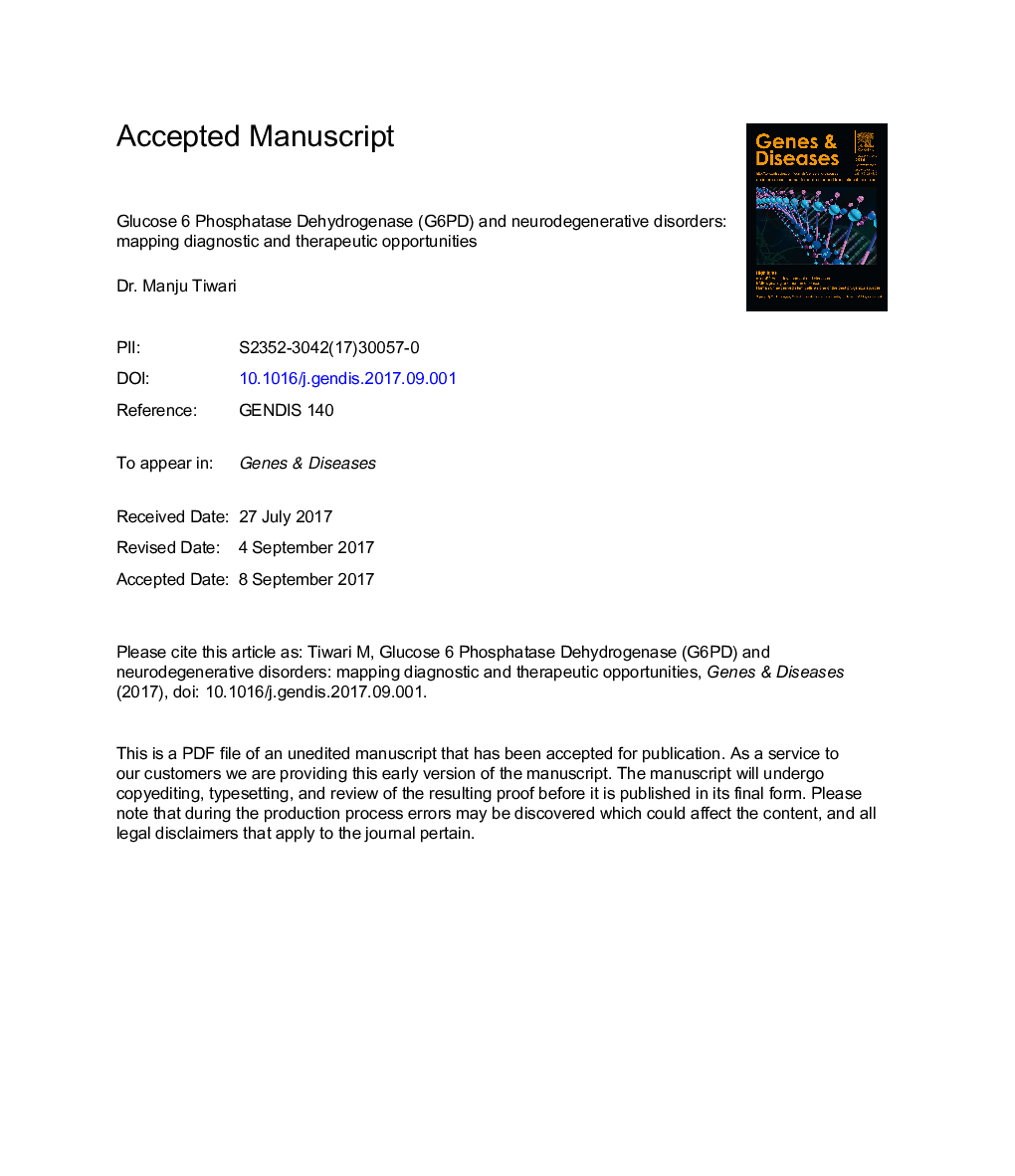 عکس صفحه اول مقاله: Glucose 6 phosphatase dehydrogenase (G6PD) and neurodegenerative disorders: Mapping diagnostic and therapeutic opportunities Glucose 6 phosphatase dehydrogenase (G6PD) and neurodegenerative disorders: Mapping diagnostic and therapeutic opportunities