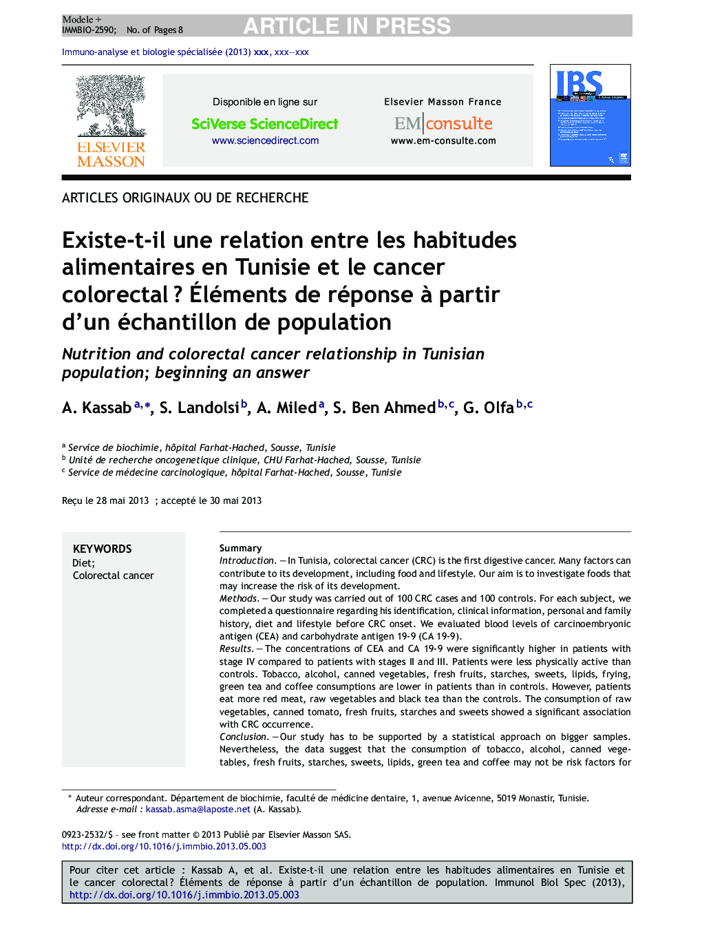 Existe-t-il une relation entre les habitudes alimentaires en Tunisie et le cancer colorectalÂ ? Ãléments de réponse Ã  partir d'un échantillon de population