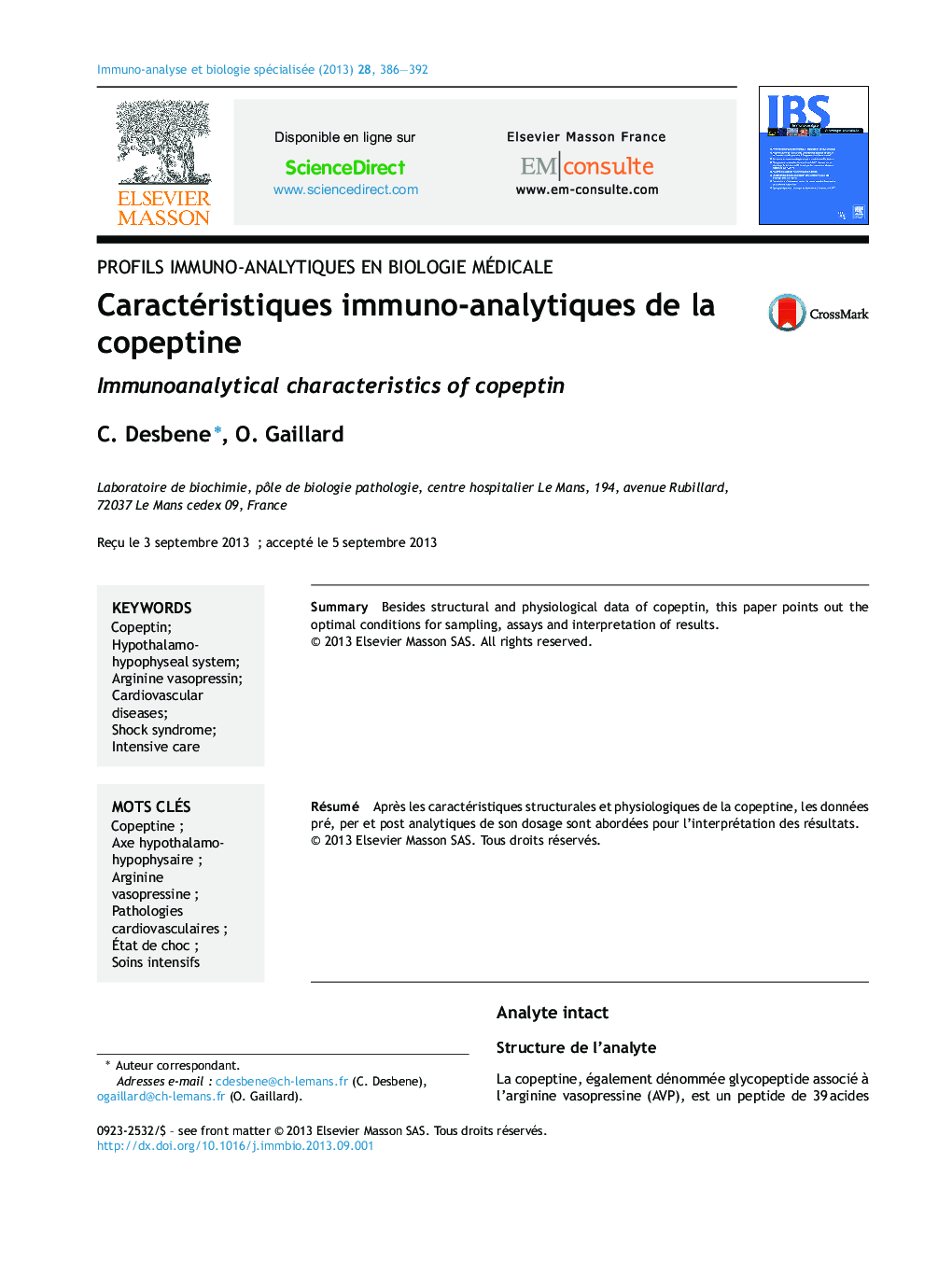 Caractéristiques immuno-analytiques de la copeptine