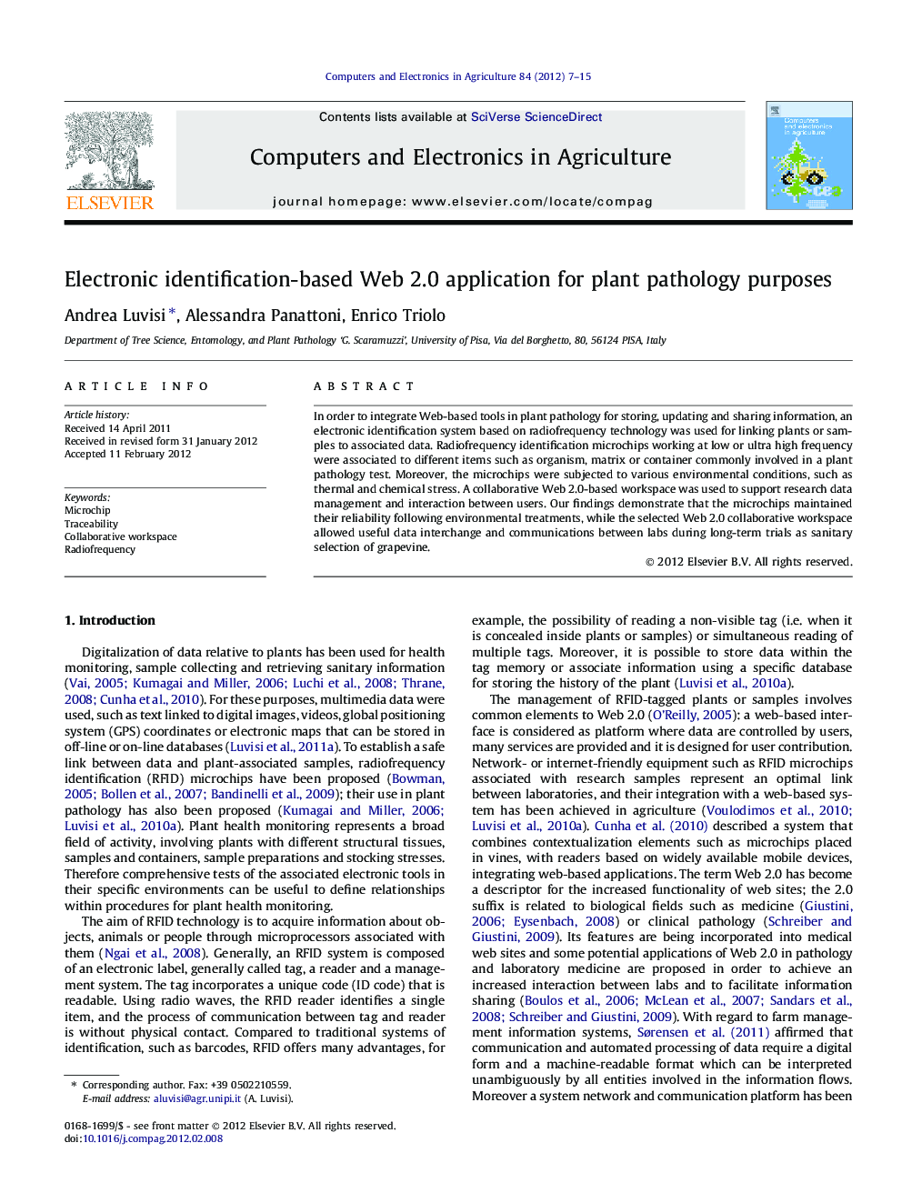 Electronic identification-based Web 2.0 application for plant pathology purposes