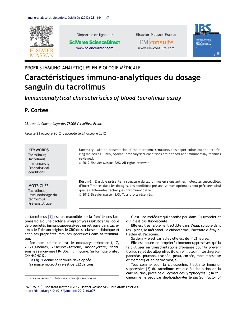 Caractéristiques immuno-analytiques du dosage sanguin du tacrolimus