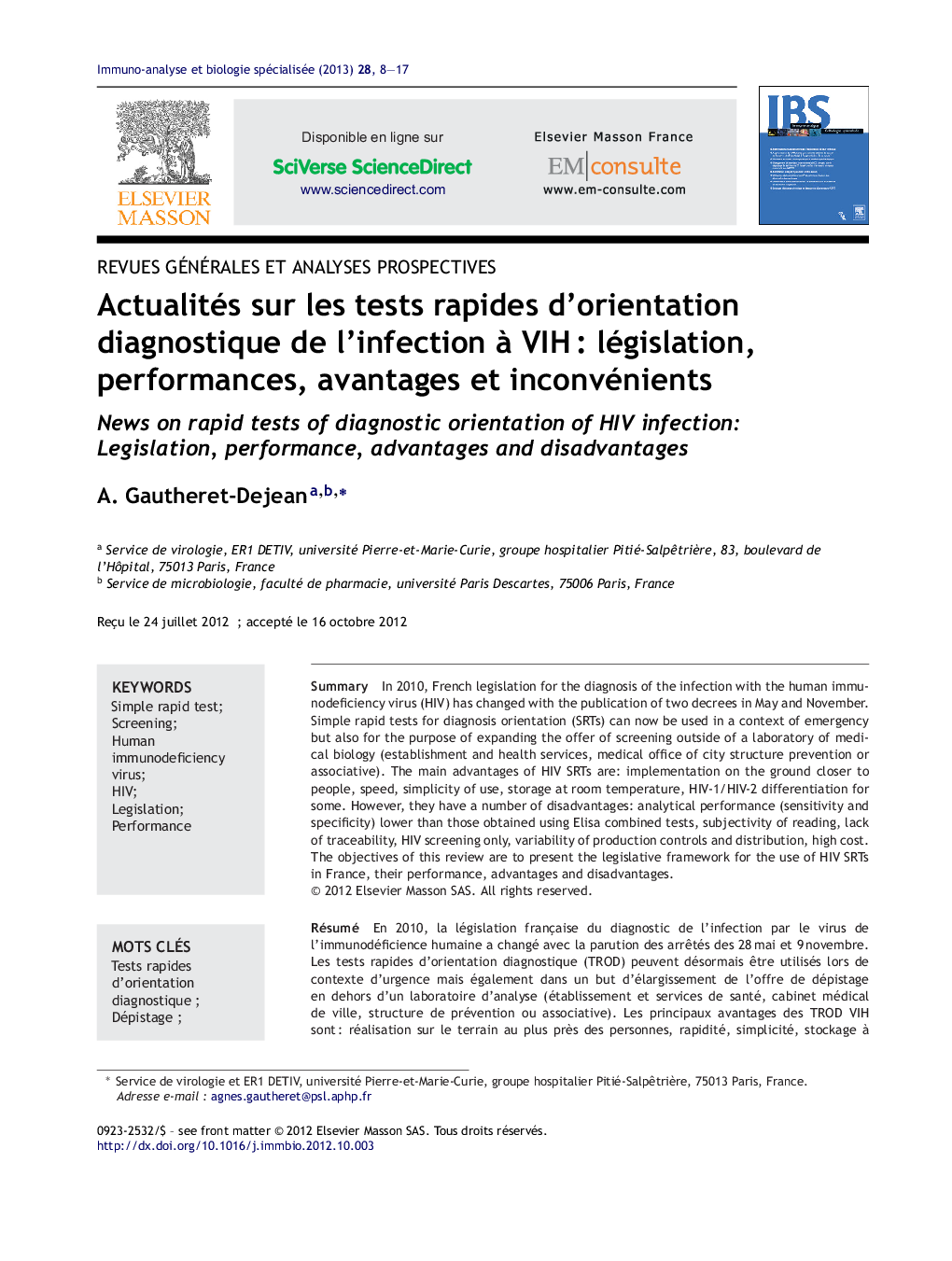 Actualités sur les tests rapides d'orientation diagnostique de l'infection Ã  VIHÂ : législation, performances, avantages et inconvénients