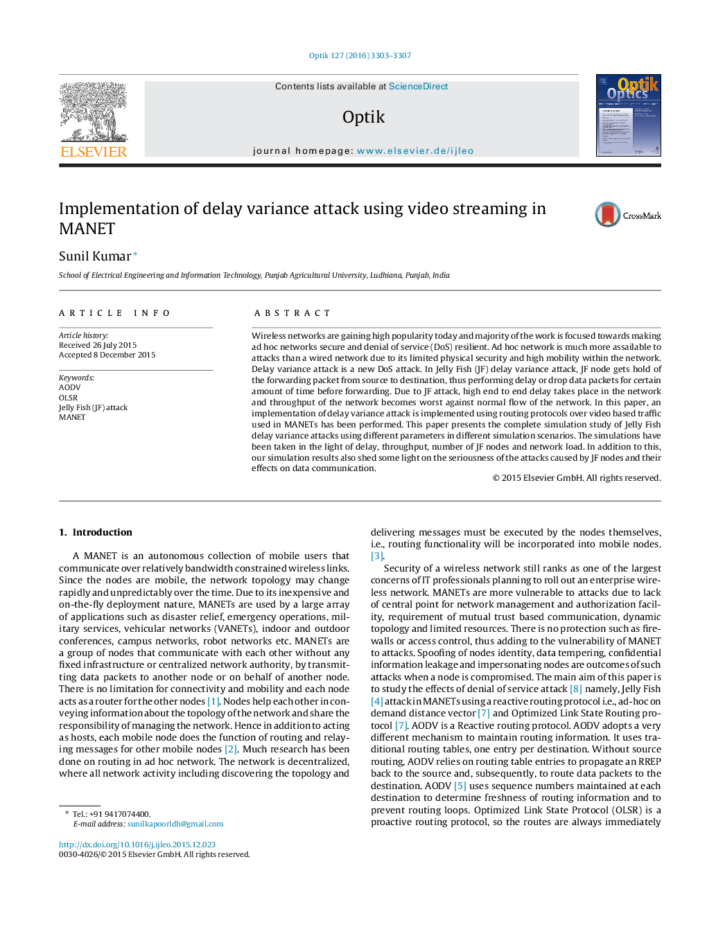 Implementation of delay variance attack using video streaming in MANET