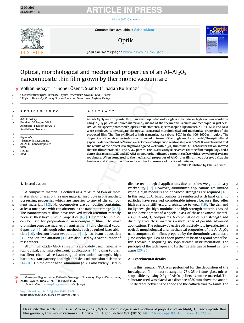 Optical, morphological and mechanical properties of an Al-Al2O3 nanocomposite thin film grown by thermionic vacuum arc