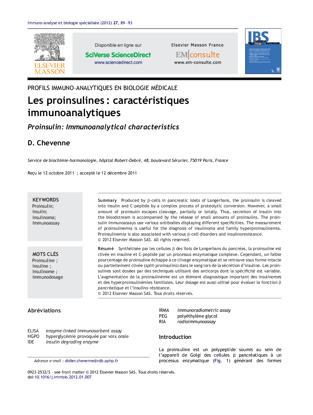 Les proinsulinesÂ : caractéristiques immunoanalytiques