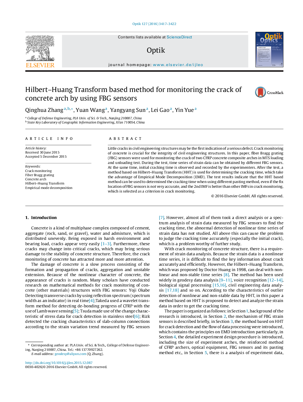 Hilbert–Huang Transform based method for monitoring the crack of concrete arch by using FBG sensors