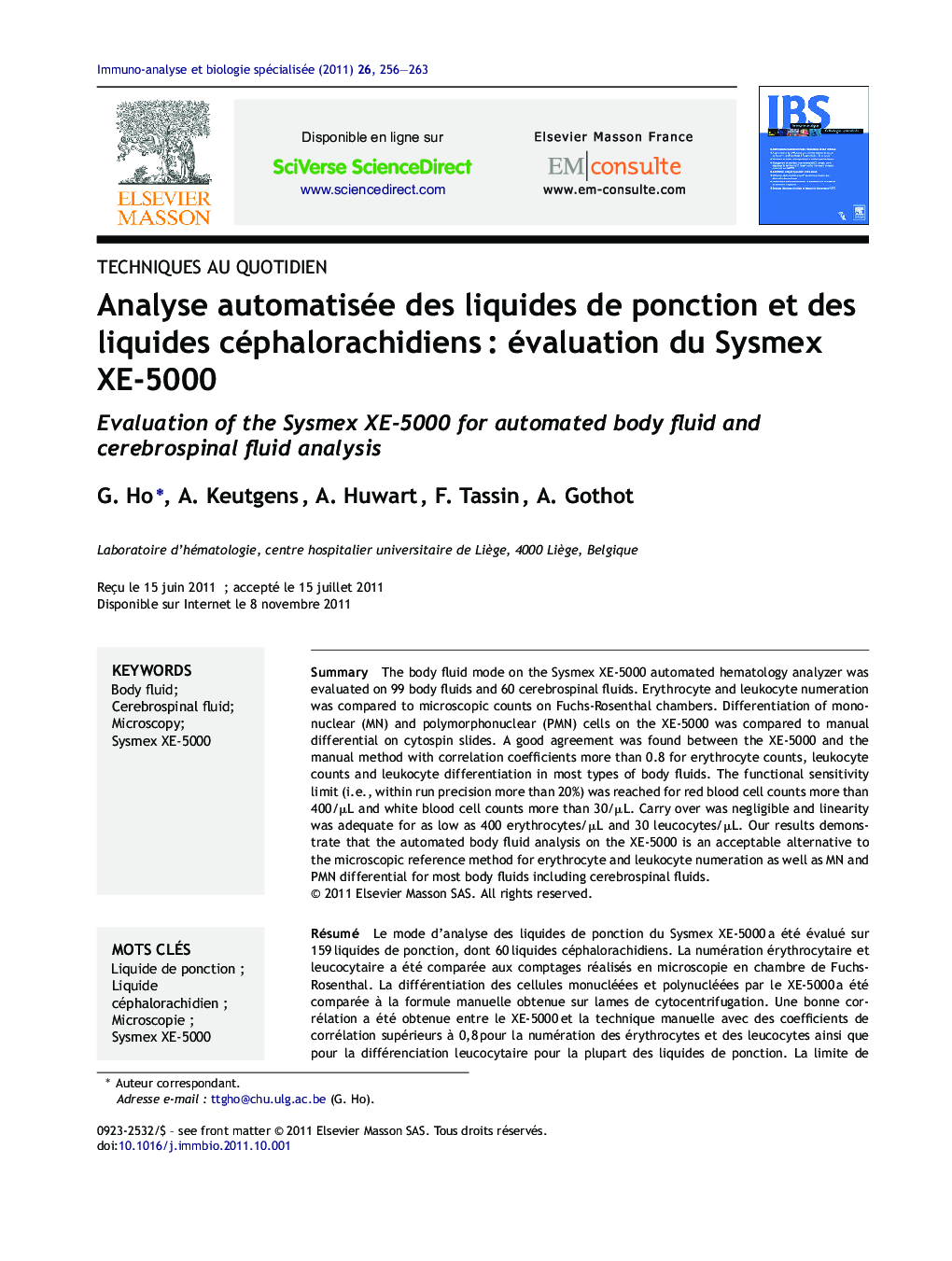 Analyse automatisée des liquides de ponction et des liquides céphalorachidiensÂ : évaluation du Sysmex XE-5000