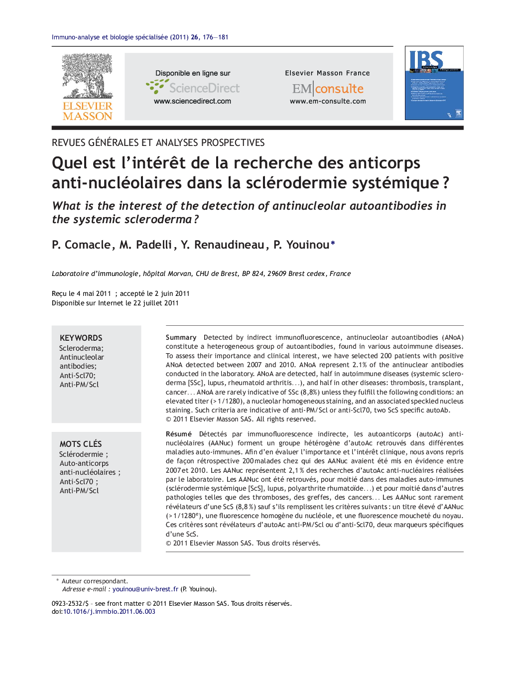 Quel est l'intérÃªt de la recherche des anticorps anti-nucléolaires dans la sclérodermie systémiqueÂ ?