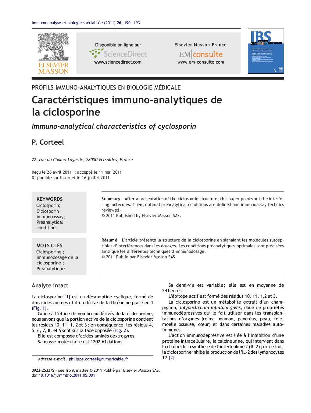 Caractéristiques immuno-analytiques de la ciclosporine