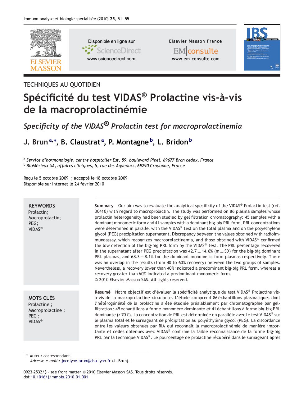 Spécificité du test VIDAS® Prolactine vis-Ã -vis de la macroprolactinémie