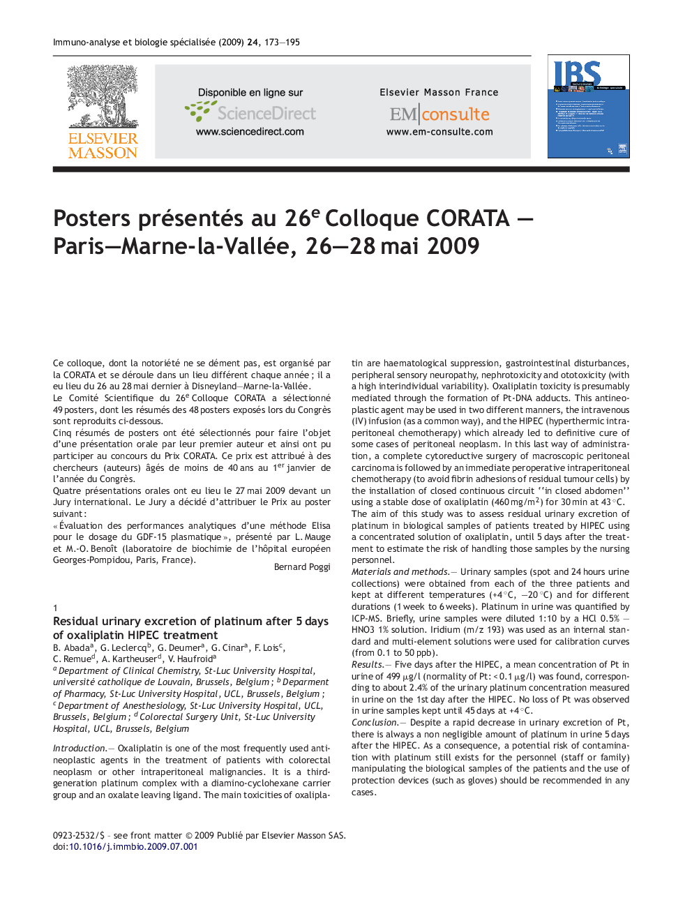 Posters presentes au 26e Colloque CORATA - Paris - Marne-la-Vallee, 26-28 mai 2009