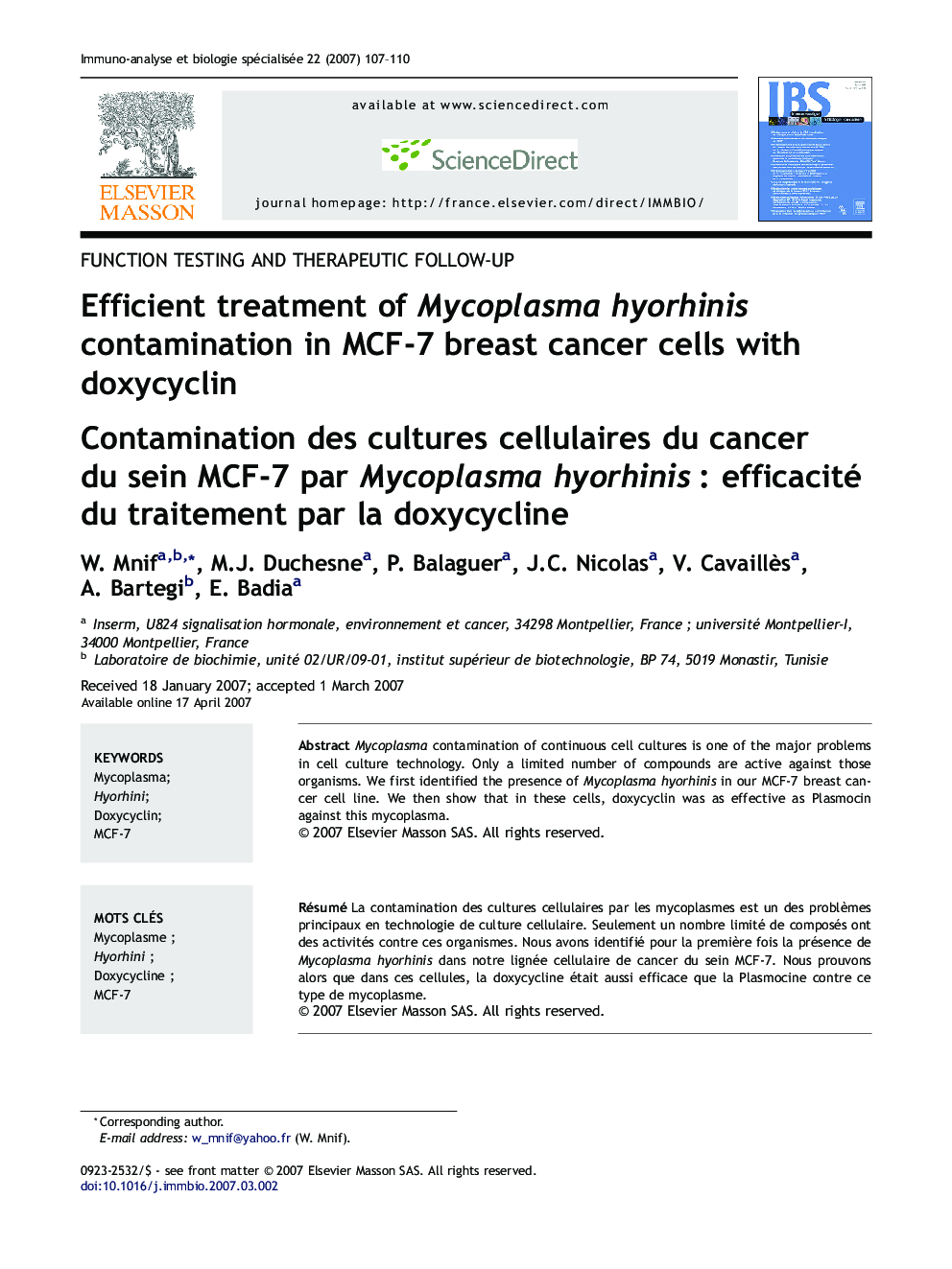 Efficient treatment ofÂ MycoplasmaÂ hyorhinis contamination inÂ MCF-7 breast cancer cells with doxycyclin