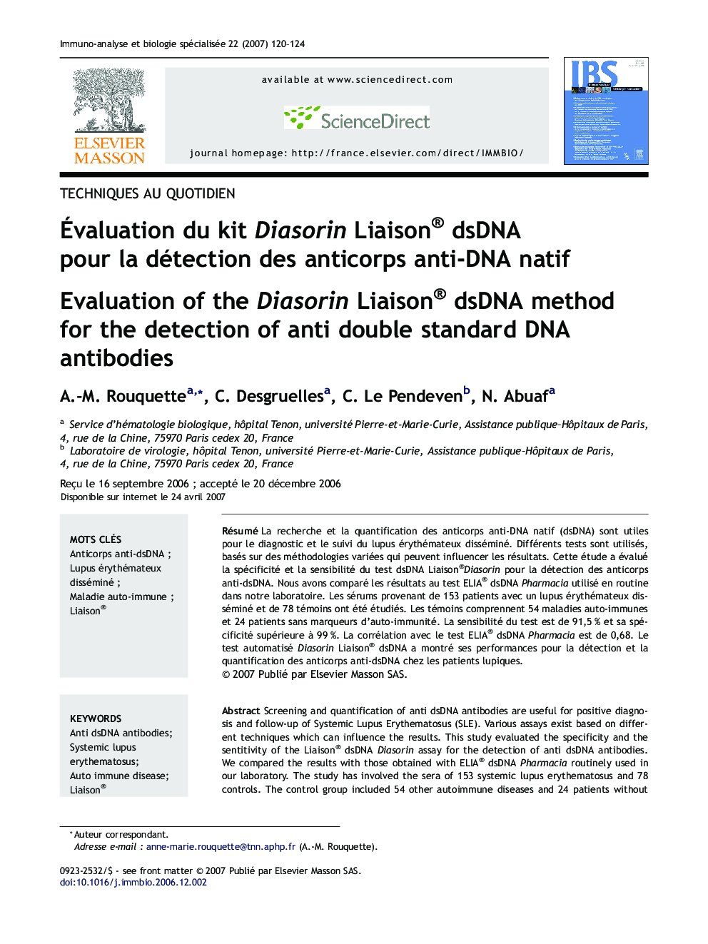 Ãvaluation duÂ kit Diasorin Liaison® dsDNA pourÂ laÂ détection desÂ anticorps anti-DNA natif