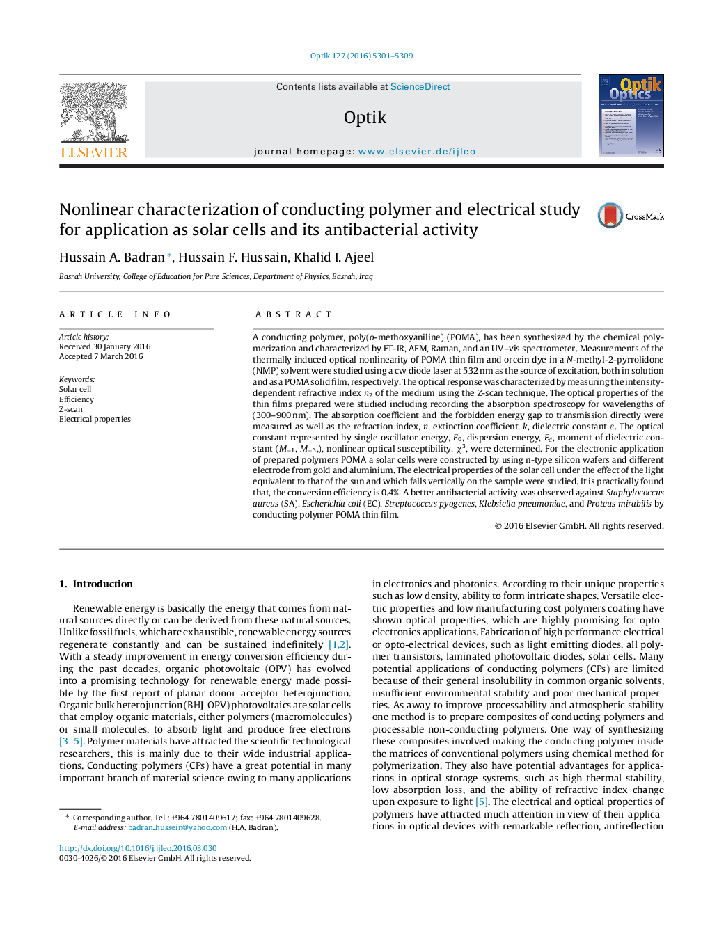 Nonlinear characterization of conducting polymer and electrical study for application as solar cells and its antibacterial activity