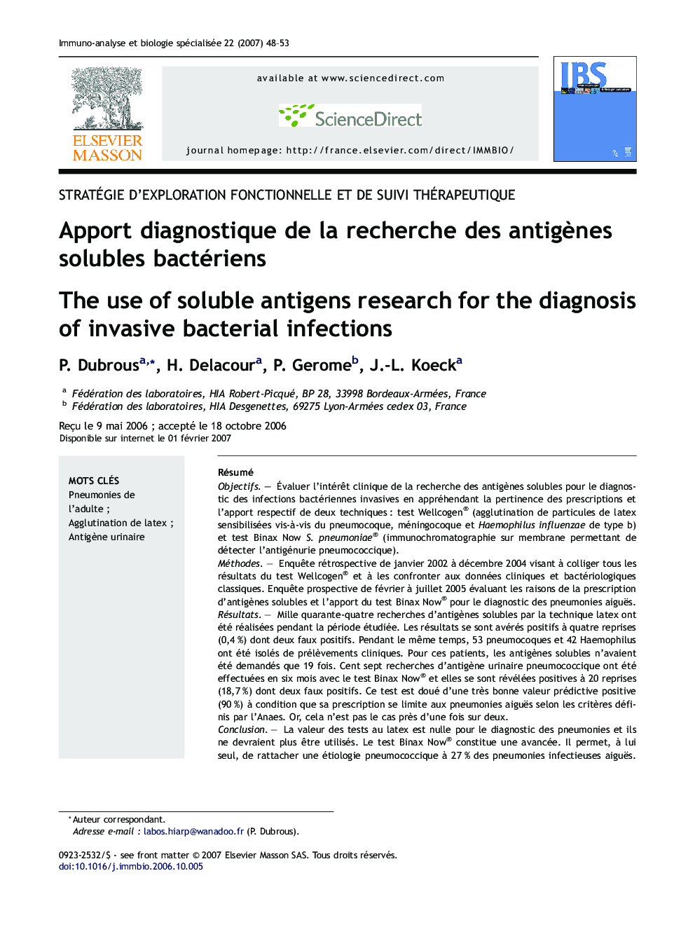 Apport diagnostique deÂ laÂ recherche desÂ antigÃ¨nes solubles bactériens