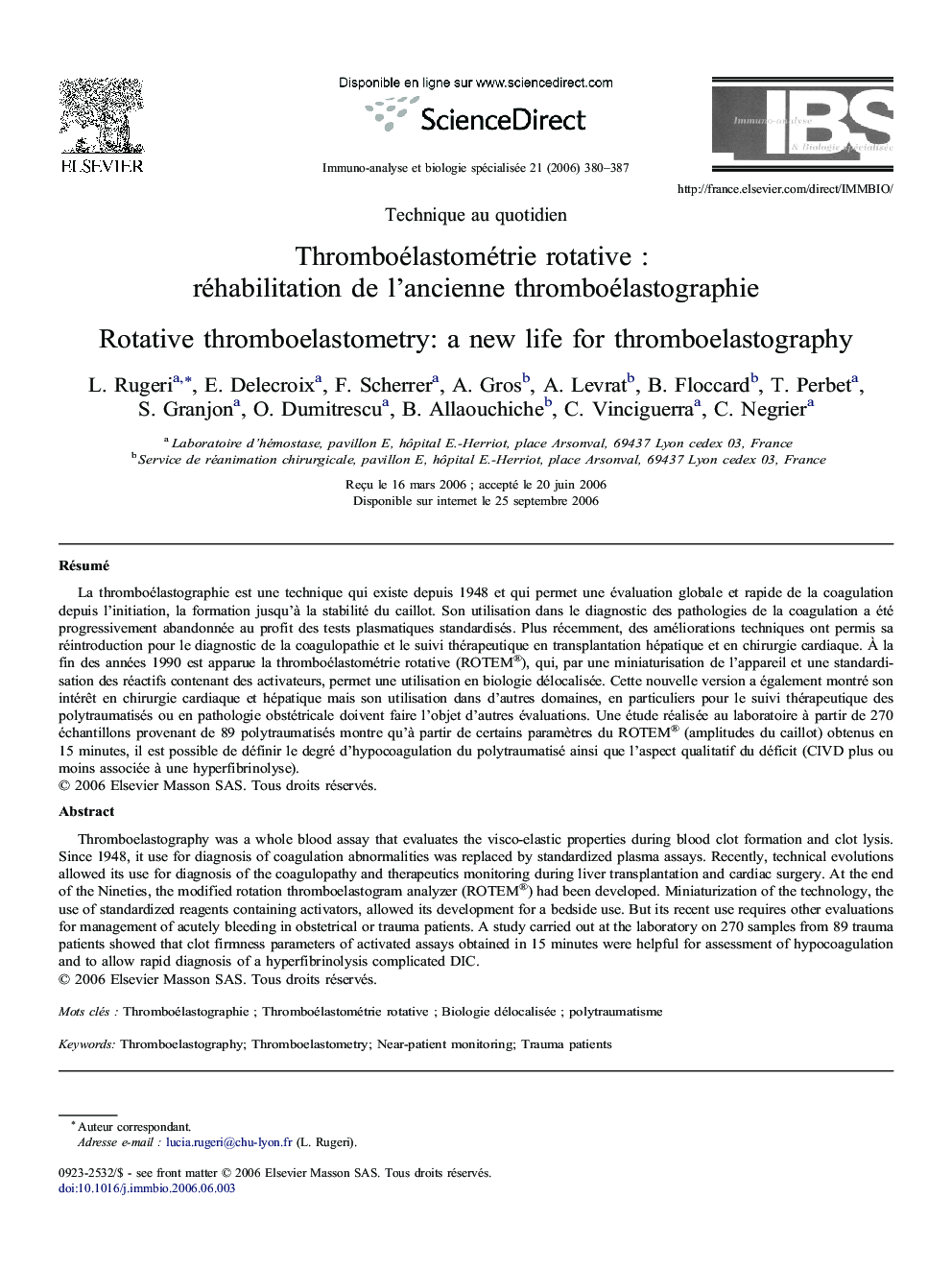 Thromboélastométrie rotativeÂ : réhabilitation deÂ l'ancienne thromboélastographie