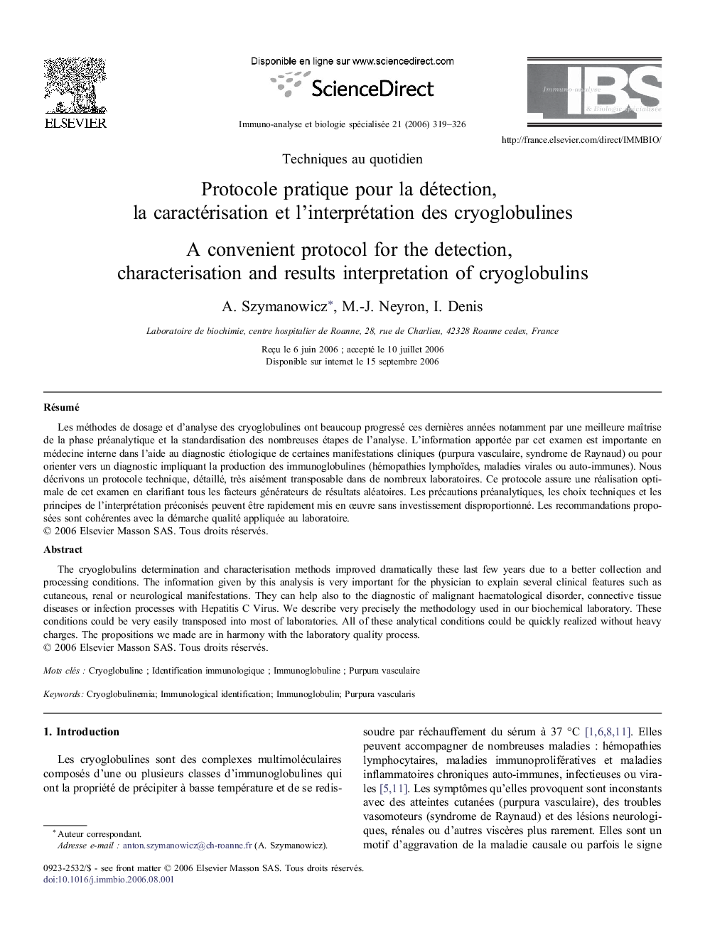 Protocole pratique pourÂ laÂ détection, laÂ caractérisation etÂ l'interprétation desÂ cryoglobulines