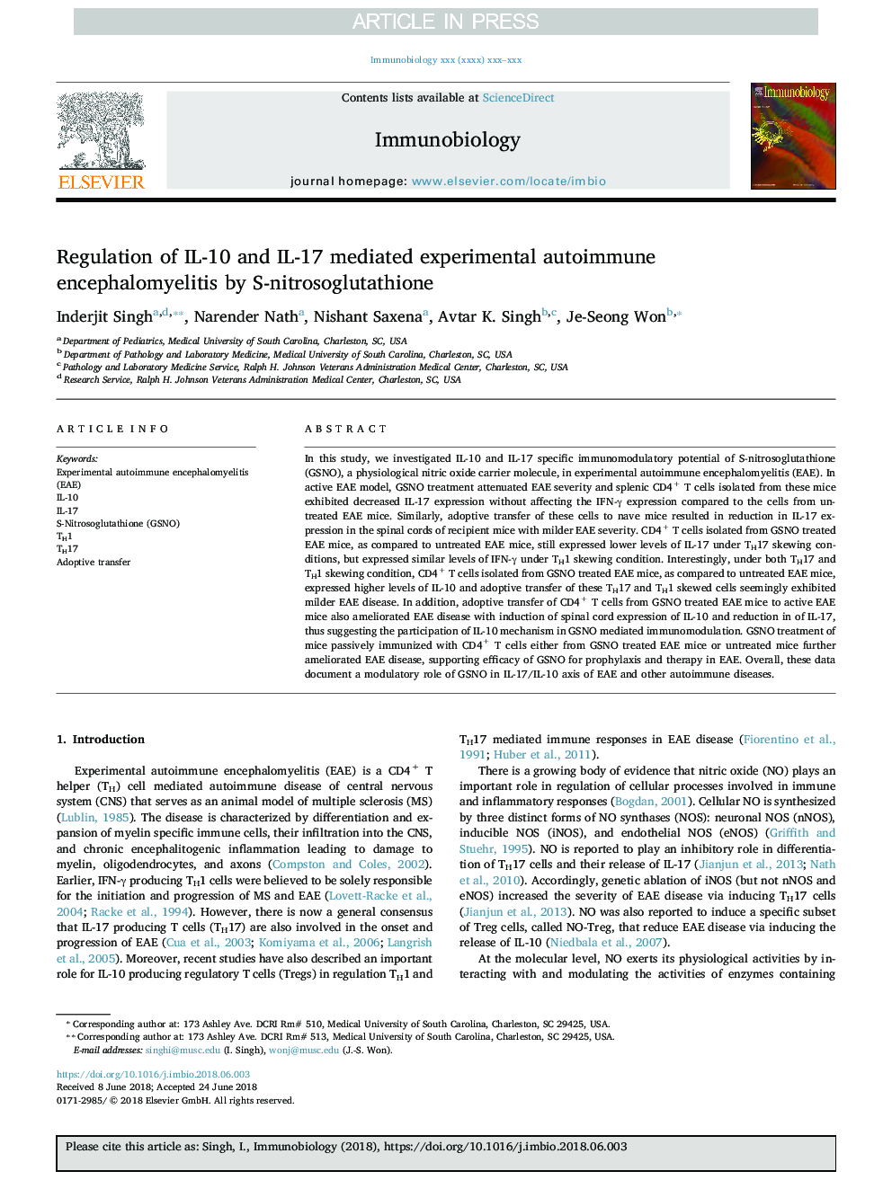 Regulation of IL-10 and IL-17 mediated experimental autoimmune encephalomyelitis by S-nitrosoglutathione