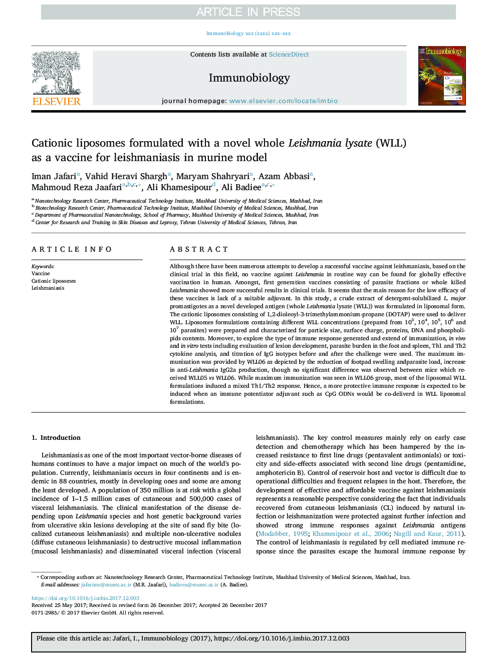 Cationic liposomes formulated with a novel whole Leishmania lysate (WLL) as a vaccine for leishmaniasis in murine model