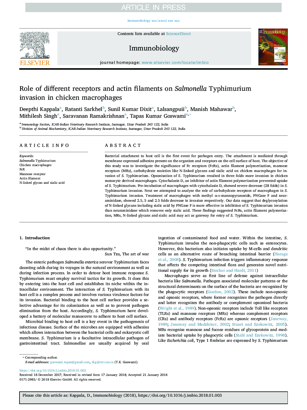 Role of different receptors and actin filaments on Salmonella Typhimurium invasion in chicken macrophages