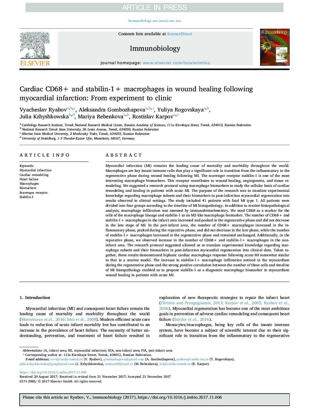 Cardiac CD68+ and stabilin-1+ macrophages in wound healing following myocardial infarction: From experiment to clinic