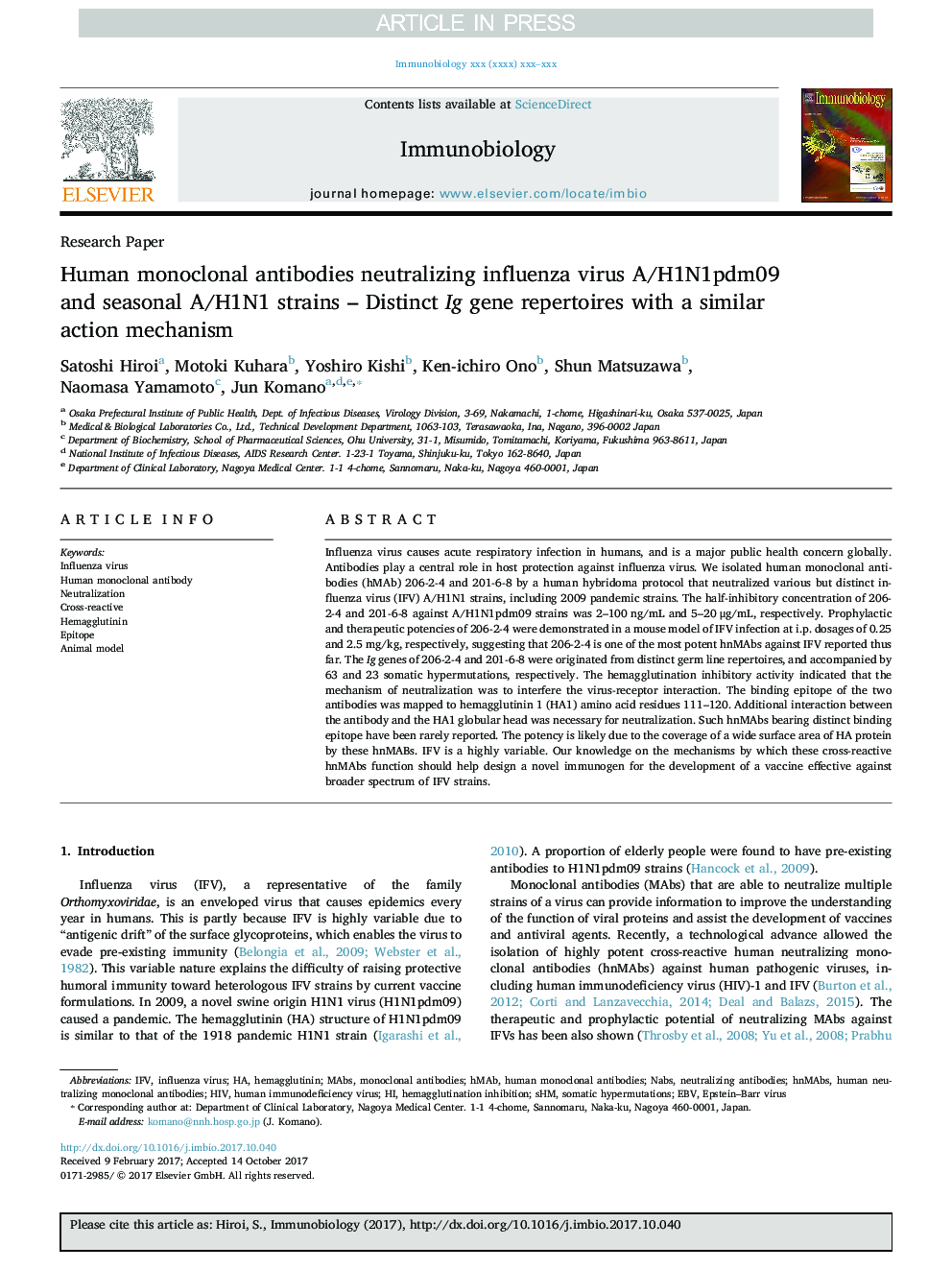 Human monoclonal antibodies neutralizing influenza virus A/H1N1pdm09 and seasonal A/H1N1 strains - Distinct Ig gene repertoires with a similar action mechanism