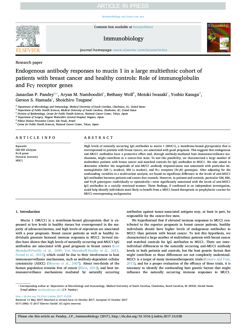 Endogenous antibody responses to mucin 1 in a large multiethnic cohort of patients with breast cancer and healthy controls: Role of immunoglobulin and FcÎ³ receptor genes