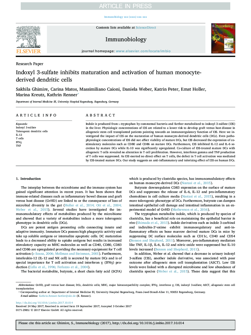 Indoxyl 3-sulfate inhibits maturation and activation of human monocyte-derived dendritic cells