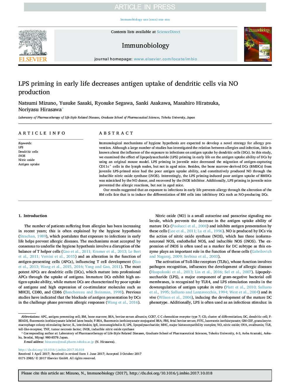 LPS priming in early life decreases antigen uptake of dendritic cells via NO production