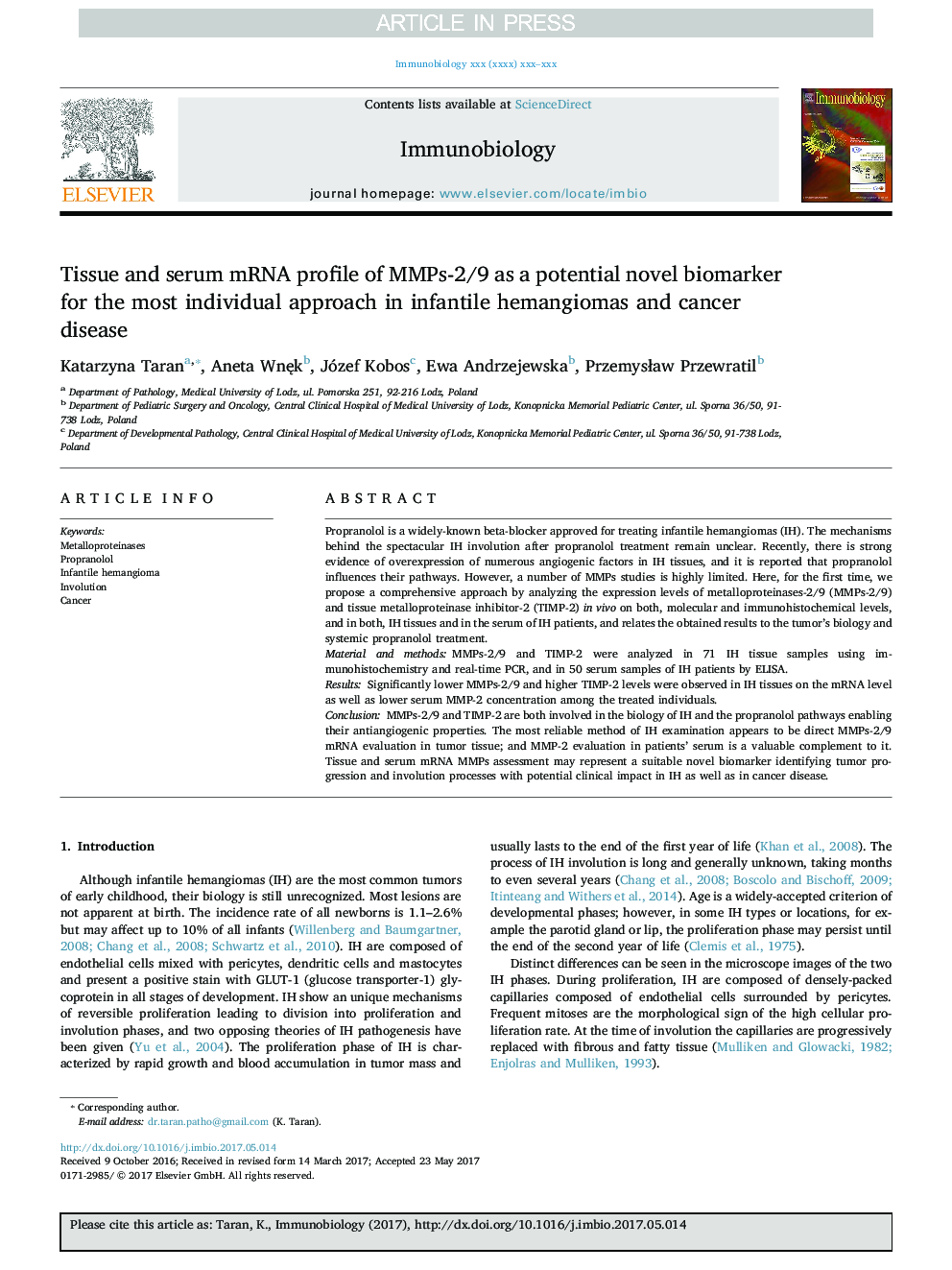 Tissue and serum mRNA profile of MMPs-2/9 as a potential novel biomarker for the most individual approach in infantile hemangiomas and cancer disease