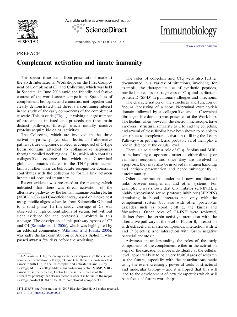 Complement activation and innate immunity