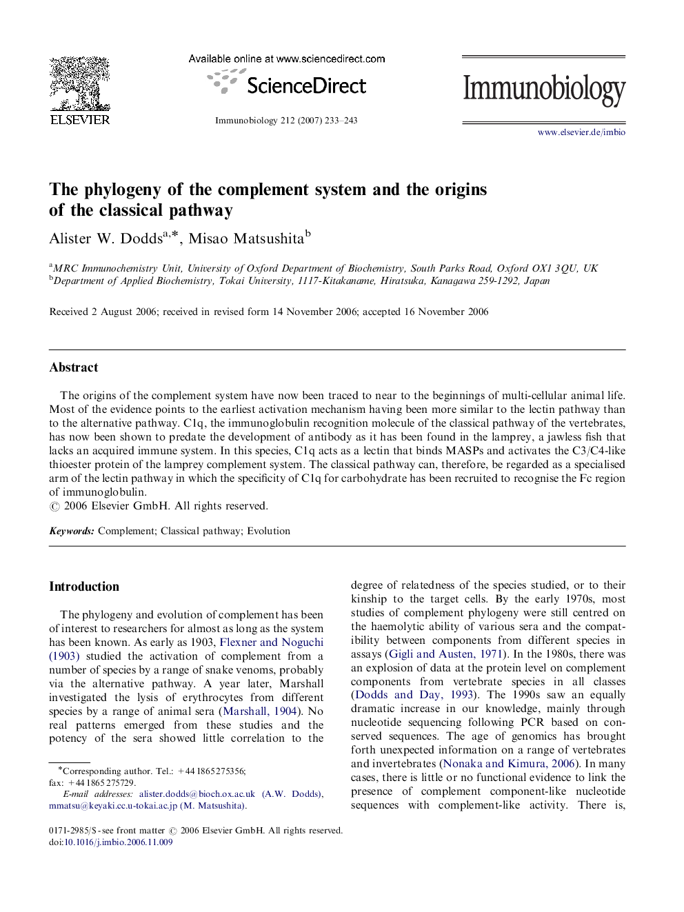 The phylogeny of the complement system and the origins of the classical pathway