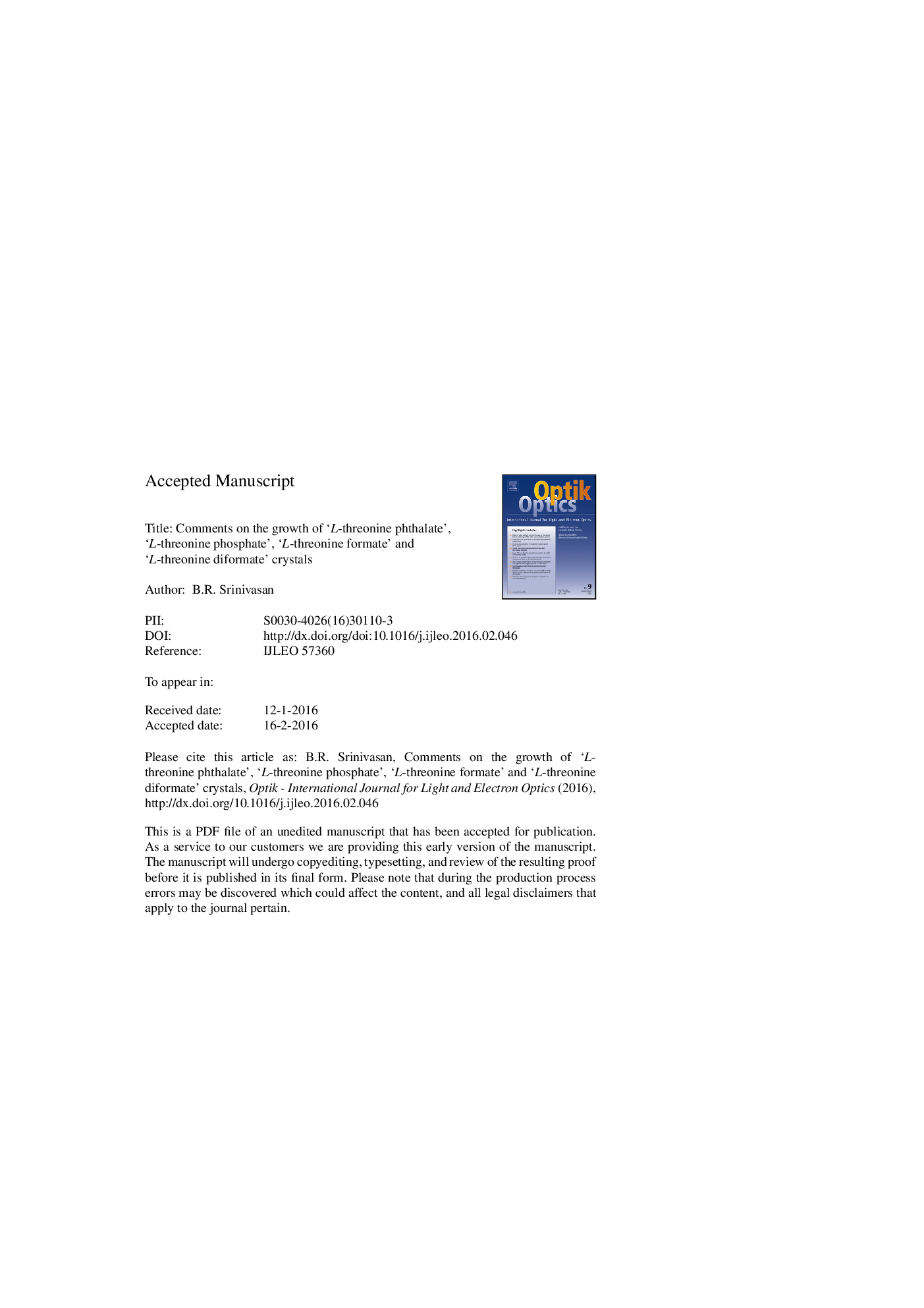 Comments on the growth of 'L-threonine phthalate', 'L-threonine phosphate', 'L-threonine formate' and 'L-threonine diformate' crystals