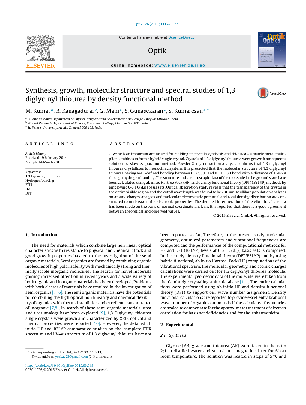 Synthesis, growth, molecular structure and spectral studies of 1,3 diglycinyl thiourea by density functional method