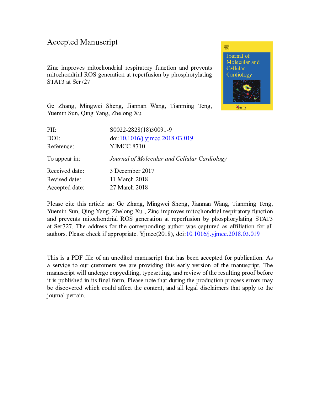 Zinc improves mitochondrial respiratory function and prevents mitochondrial ROS generation at reperfusion by phosphorylating STAT3 at Ser727