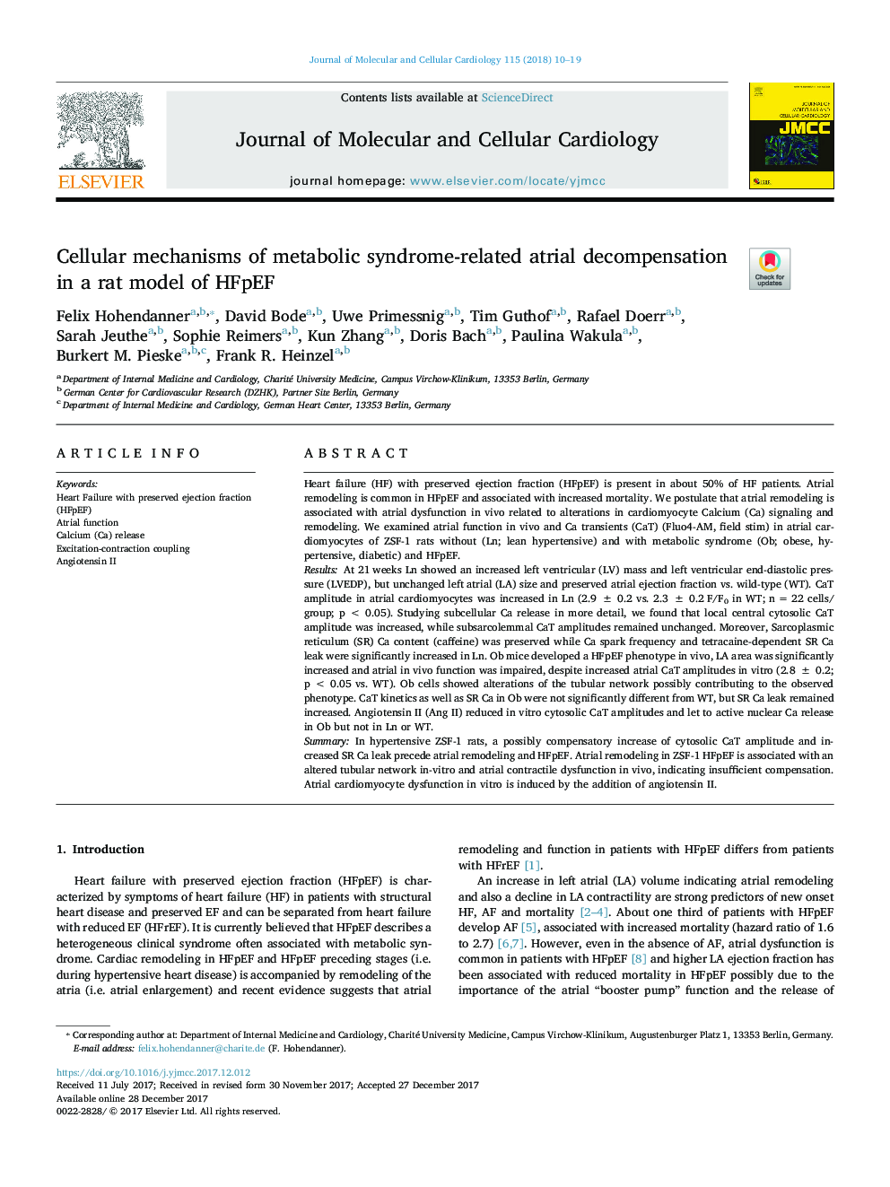 Cellular mechanisms of metabolic syndrome-related atrial decompensation in a rat model of HFpEF