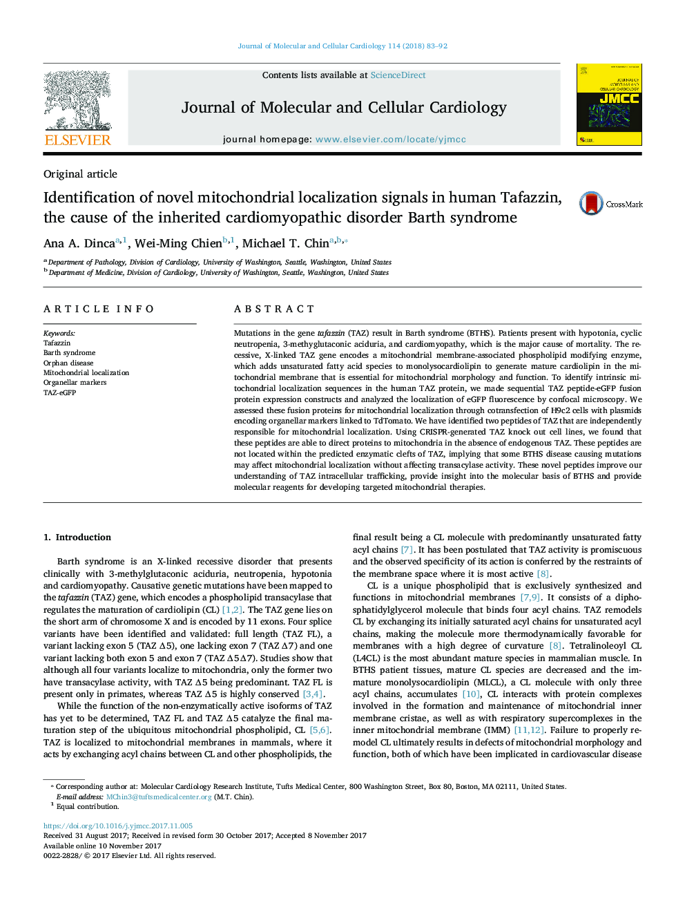 Identification of novel mitochondrial localization signals in human Tafazzin, the cause of the inherited cardiomyopathic disorder Barth syndrome