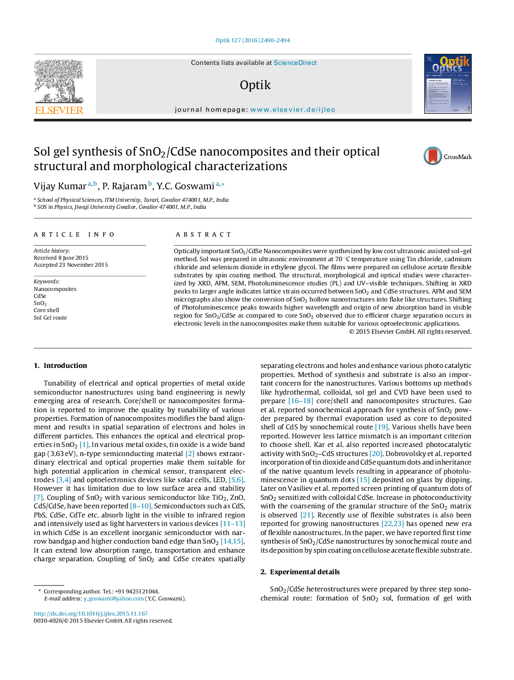 Sol gel synthesis of SnO2/CdSe nanocomposites and their optical structural and morphological characterizations