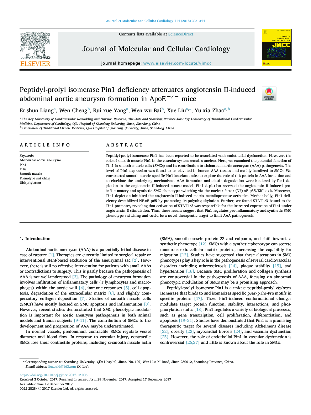 Peptidyl-prolyl isomerase Pin1 deficiency attenuates angiotensin II-induced abdominal aortic aneurysm formation in ApoEâ/â mice